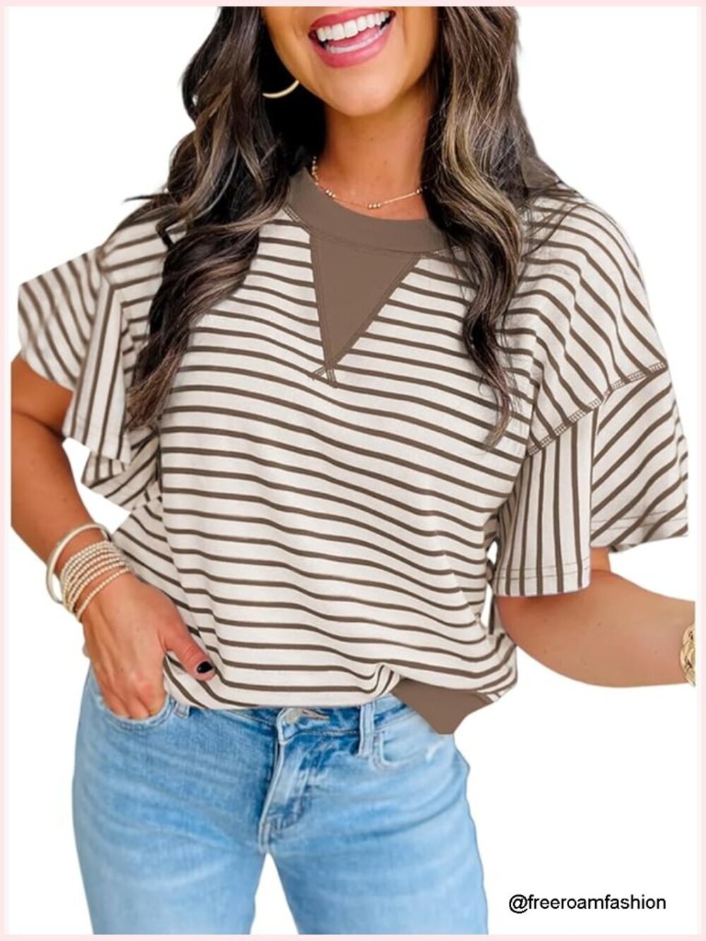 Striped Ruffle Short Sleeve Blouse Loose Fit Contrast Color Block Cute Casual